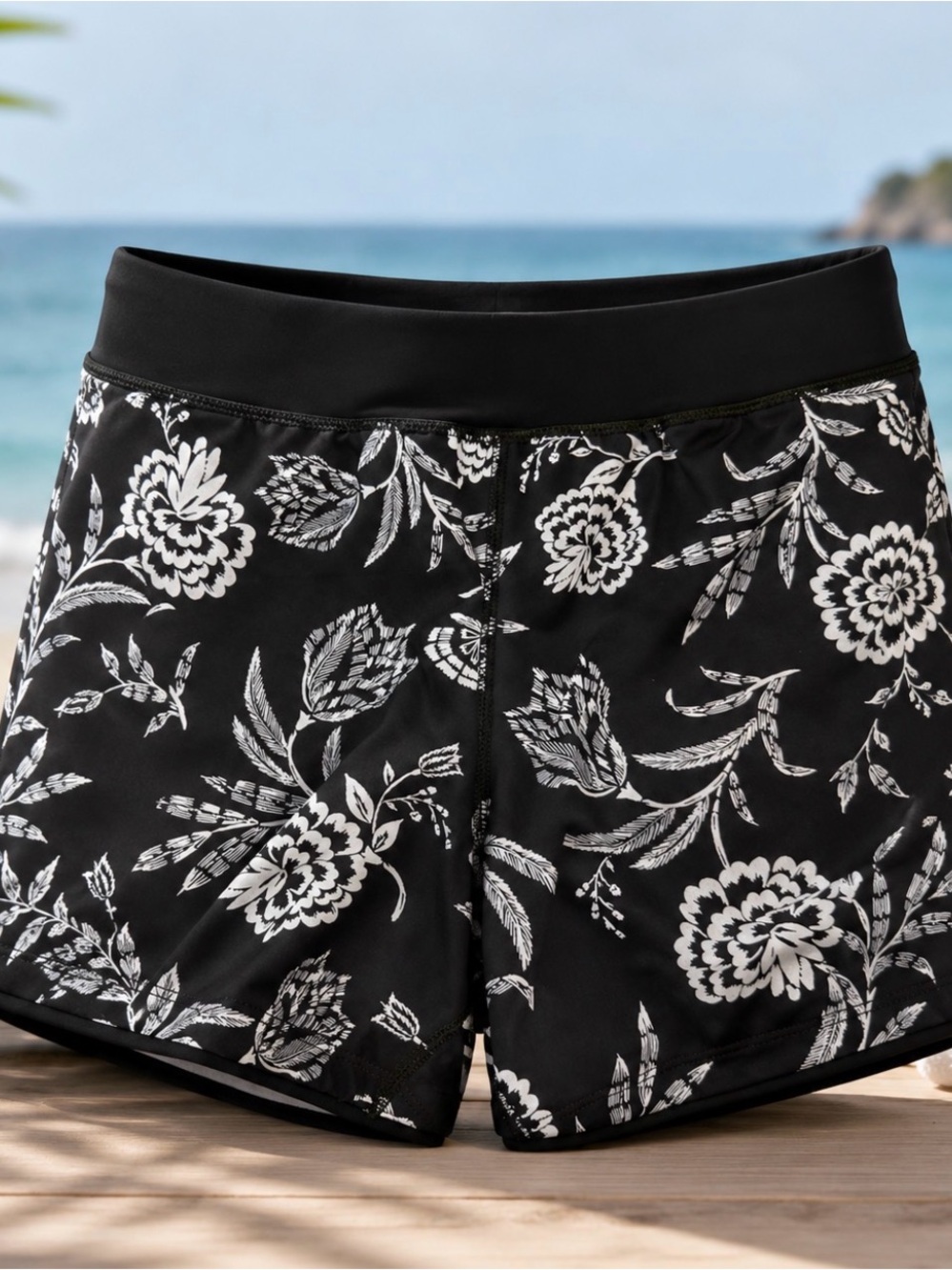 Black Floral Athletic Shorts with White Print